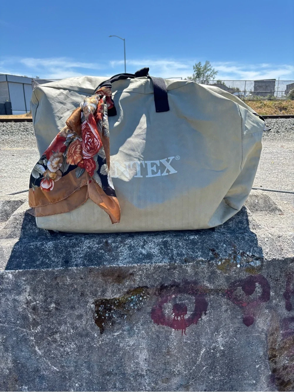 XXL Beige Travel Duffle Bag with Scarf Accent